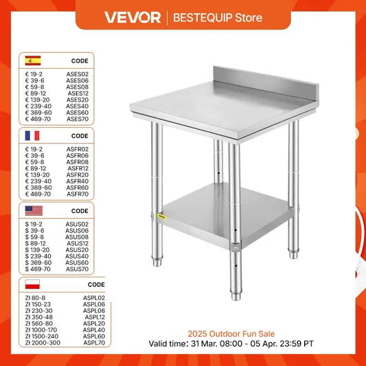 VEVOR Kitchen Work Bench Commercial Catering Table Worktable with Undershelf Stainless Steel 330LBS 286LBS for Restaurant Garage