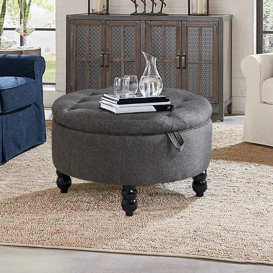Linen Buttoned Ottoman Storage Footstool , Grey