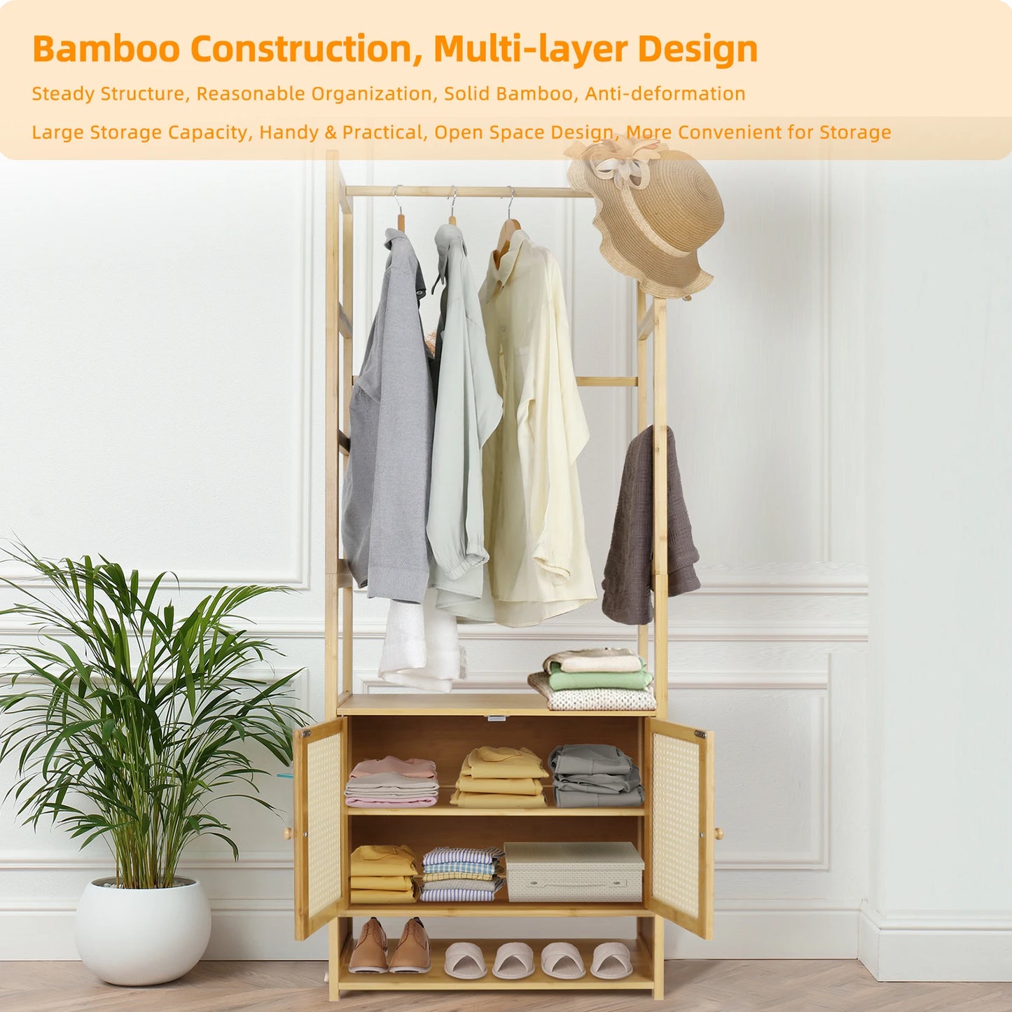 Clothes Stand with Cabinet Free-standing Bamboo Open Garment Rack with Storage Shelves Hanging Clothes Rack for Living Room