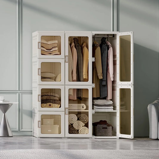 C Portable Wardrobe Closet Storage Organizer Transparent Door Panels, Plastic Wardrobe with Magnetic Door and Easy Assembly