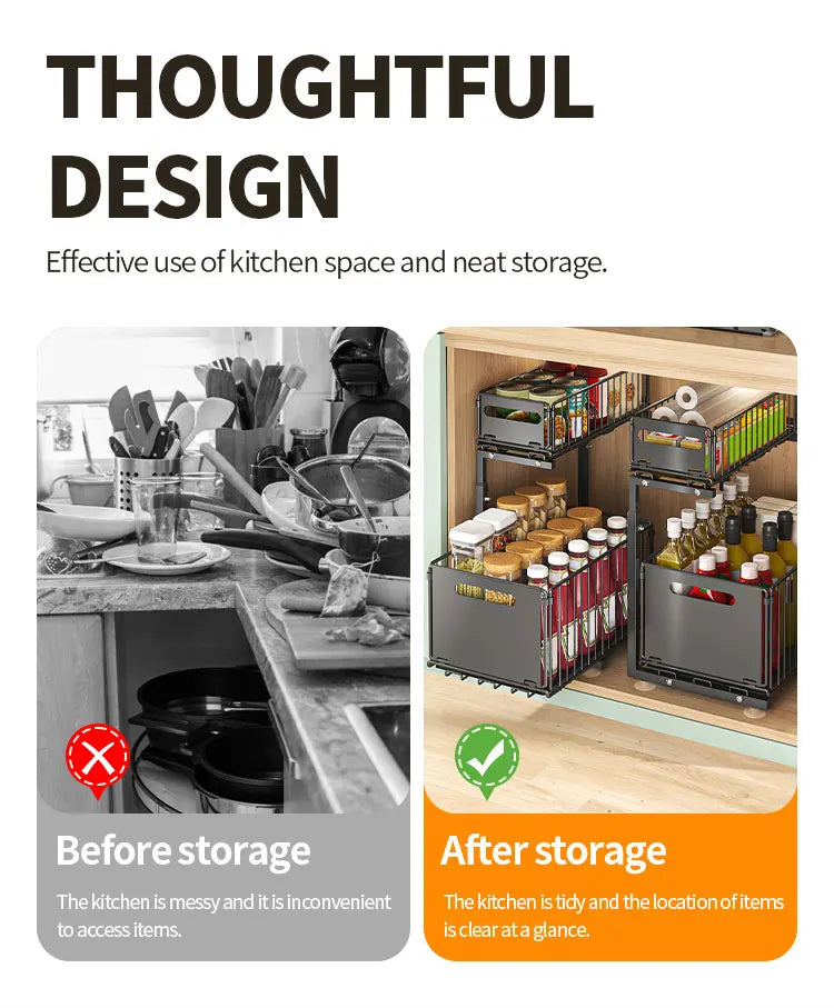 2-tier Under Sink Storage Organizer,Ajustable Sliding Cabinet Storage Basket,Kitchen Storage Rack with suction cups,Pull out Cab