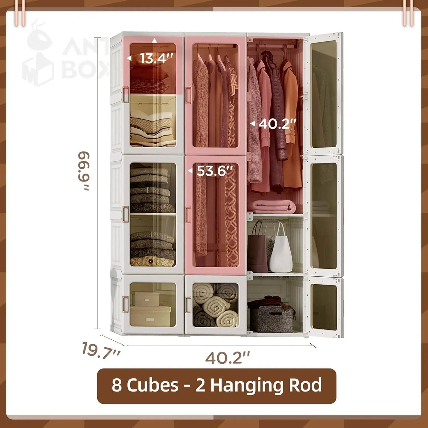 B Portable Wardrobe Closet Storage Organizer Transparent Door Panels, Plastic Wardrobe with Magnetic Door and Easy Assembly
