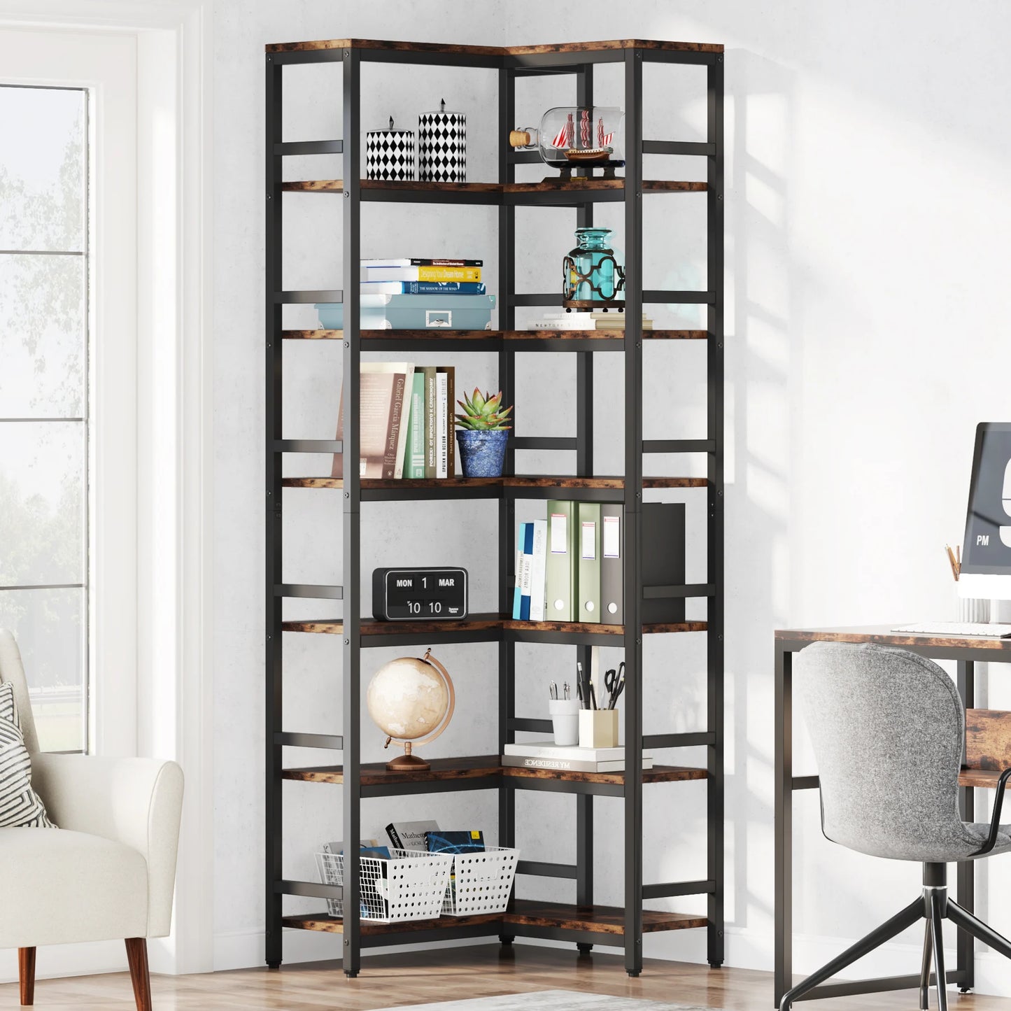 Tribesigns 7-Shelf Corner Bookshelf,Large Modern Corner Bookcase, 7-Tier Tall Corner Shelf Storage Display Rack with Metal Frame
