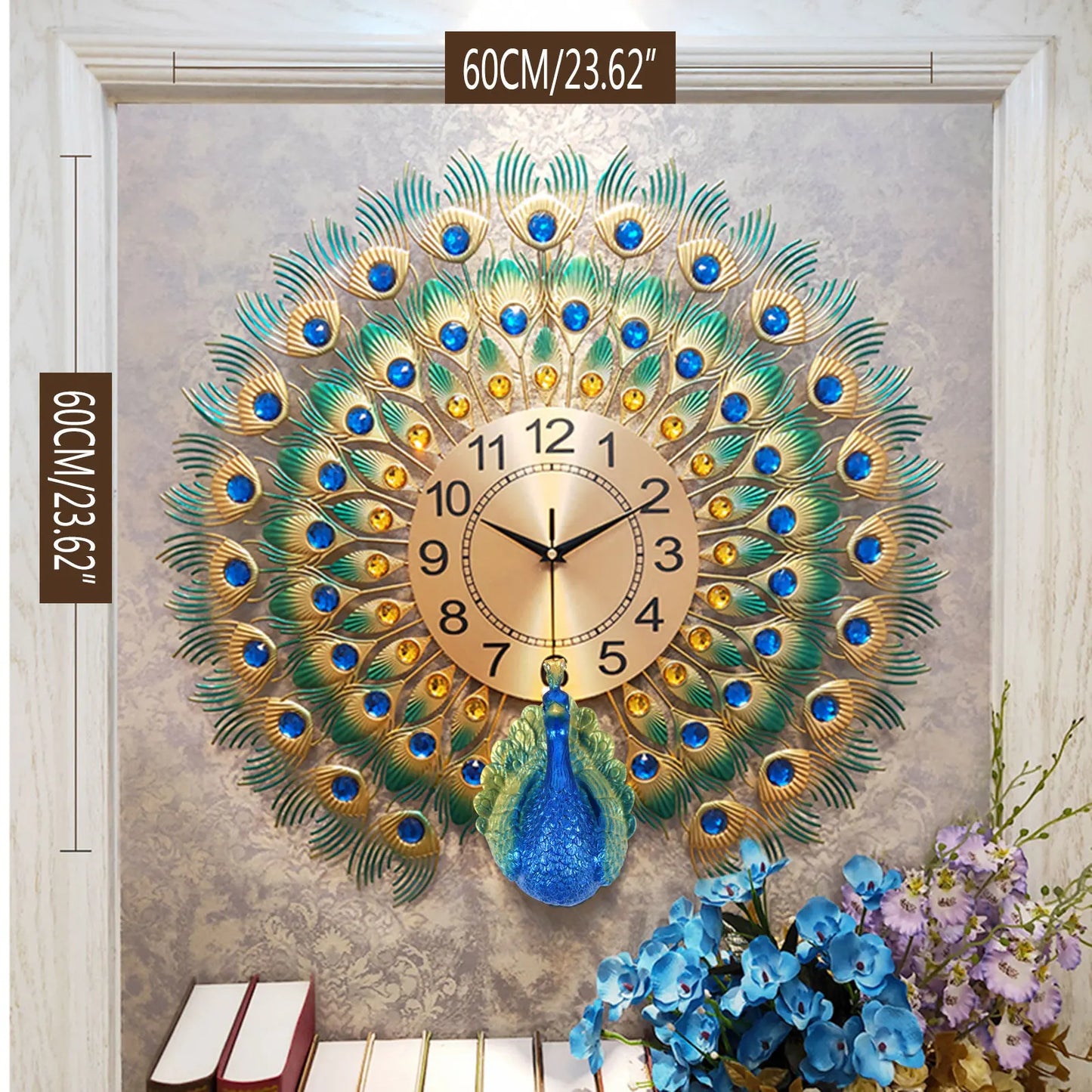 Peacock Clock Metal Silent Wall Clock None Ticking Decorative Large Wall Clock for Living Room Home Decor