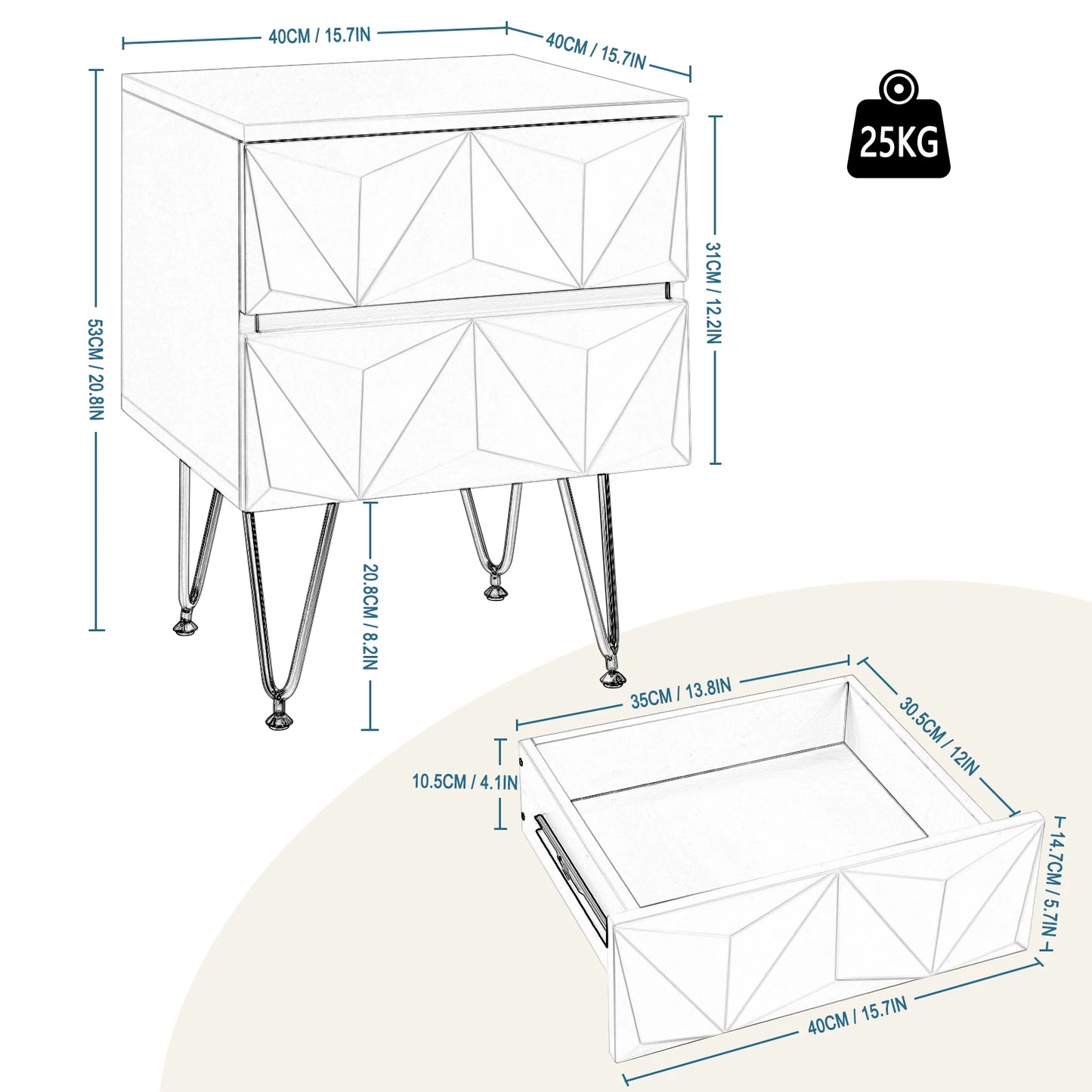 Bedside Table 40x53x40cm Decorative Adult Nightstand Modern Storage Unit with 2 Drawers 3D Effect for Bed Bedroom Living Room