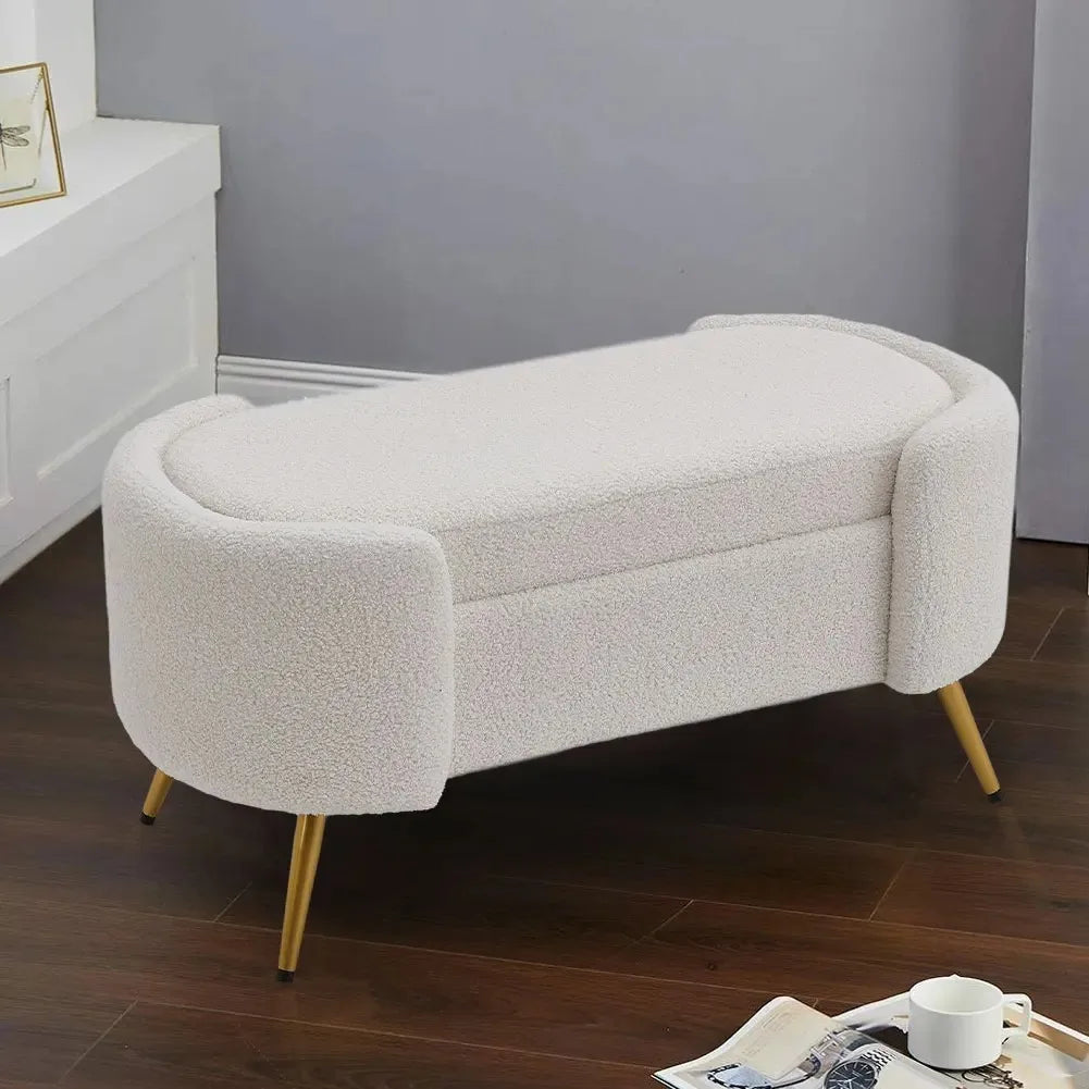 White Luxurious Comfortable Multifunctional Household Sherpa Upholstered Oval Bench