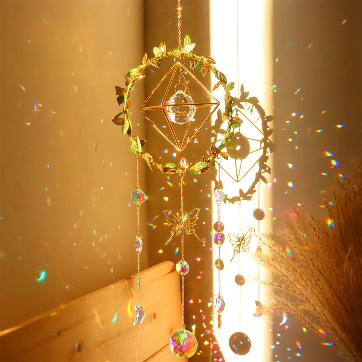 New Vine winding Butterfly Crystal Wind Chime Star Moon Hanging Rainbow Chaser Dream Catcher Home Garden Decor Windchimes