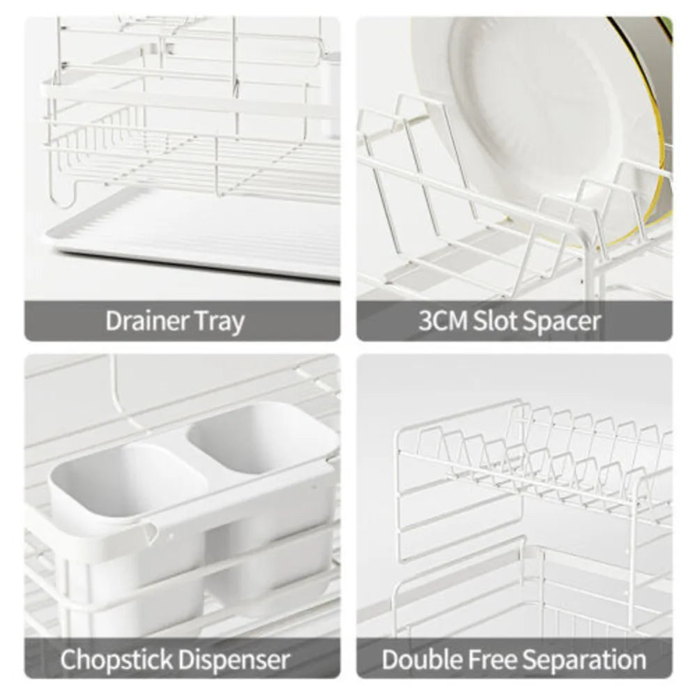 2 Tier Dish Drying Rack Kitchen Adjustable Stainless with Drain Basket Countertop Dinnerware Organizer Drainboard Storage Holde