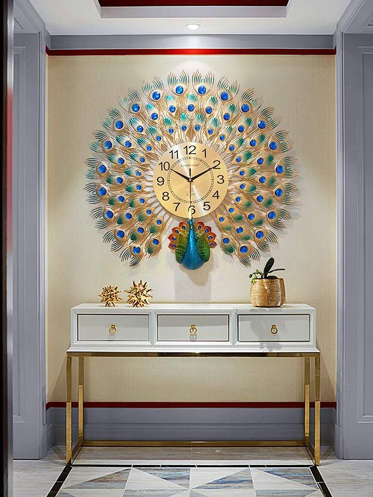 Peacock Clock Metal Silent Wall Clock None Ticking Decorative Large Wall Clock for Living Room Home Decor