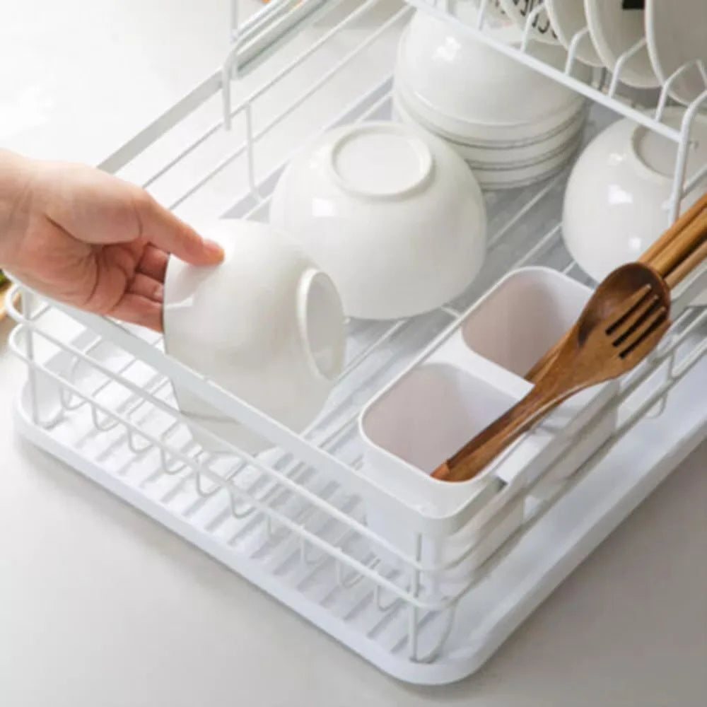2 Tier Dish Drying Rack Kitchen Adjustable Stainless with Drain Basket Countertop Dinnerware Organizer Drainboard Storage Holde