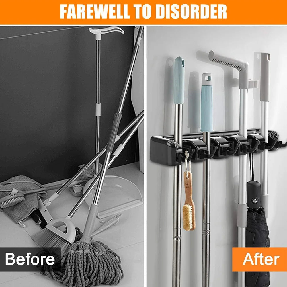 Broom and Mop Holder Mop Organizer Hook 5 Position 6 Hooks Hanger Broom Storage Hook Multipurpose for Kitchen Bathroom