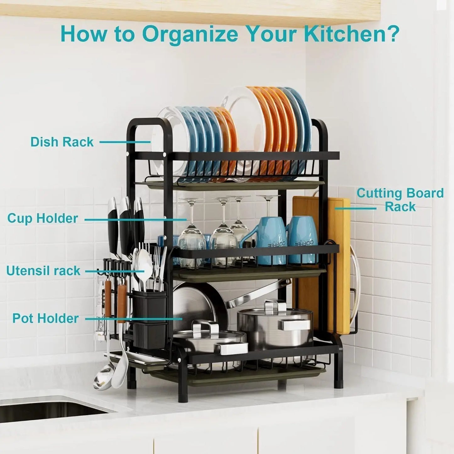 3 Tier Kitchen Sink Dish Drainer With Drip Tray Cutlery Holder Plate Rack