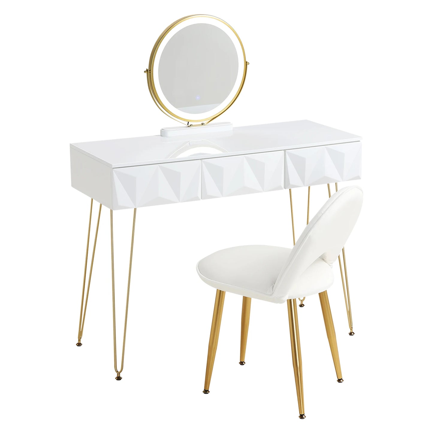 1SET Dresser Vanity Makeup Table Girls Women Dressing Table with 3-level Adjustable LED Mirror Velvet Chair for Bedroom Gift