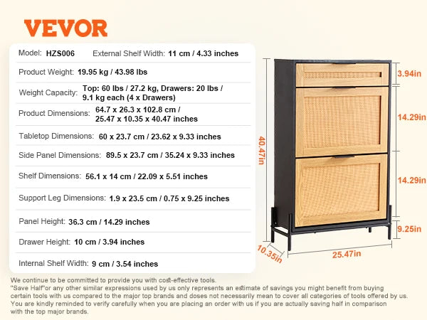 VEVOR Shoe Storage Organizer with 2 Flip Rattan Drawers&1 Slide Drawer Metal Legs Slim Shoe Cabinet for Entryway Closet Hallway