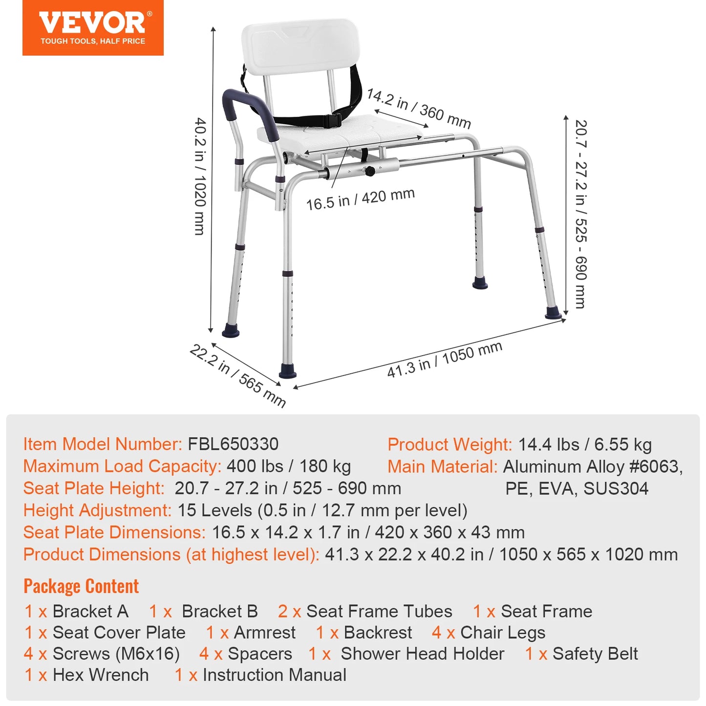 VEVOR Sliding Tub Transfer Bench with 360 Degree Swivel Seat Safety Belt Height Adjustable Bath Chair for Elderly Disabled 330LB