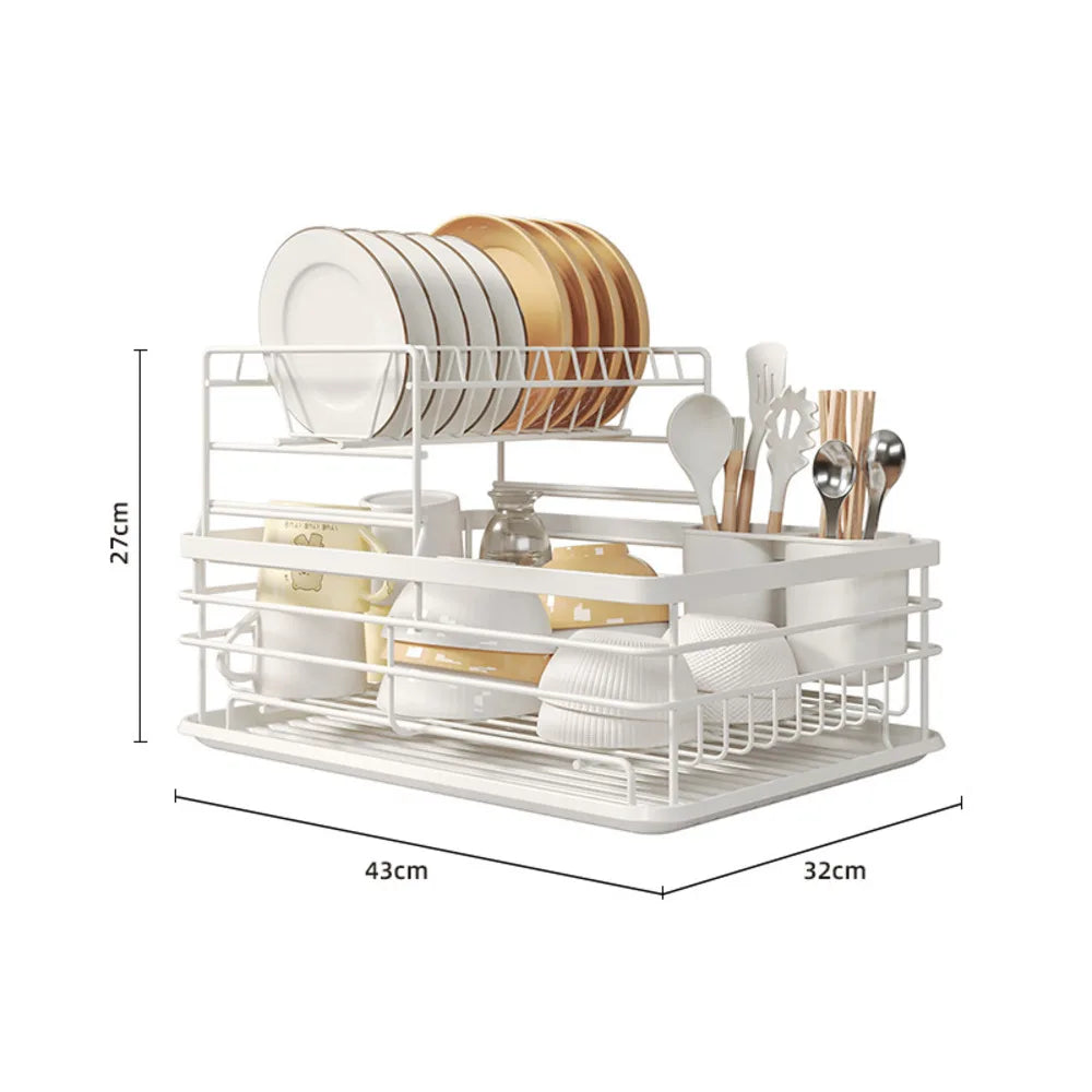 2 Tier Dish Drying Rack Kitchen Adjustable Stainless with Drain Basket Countertop Dinnerware Organizer Drainboard Storage Holde