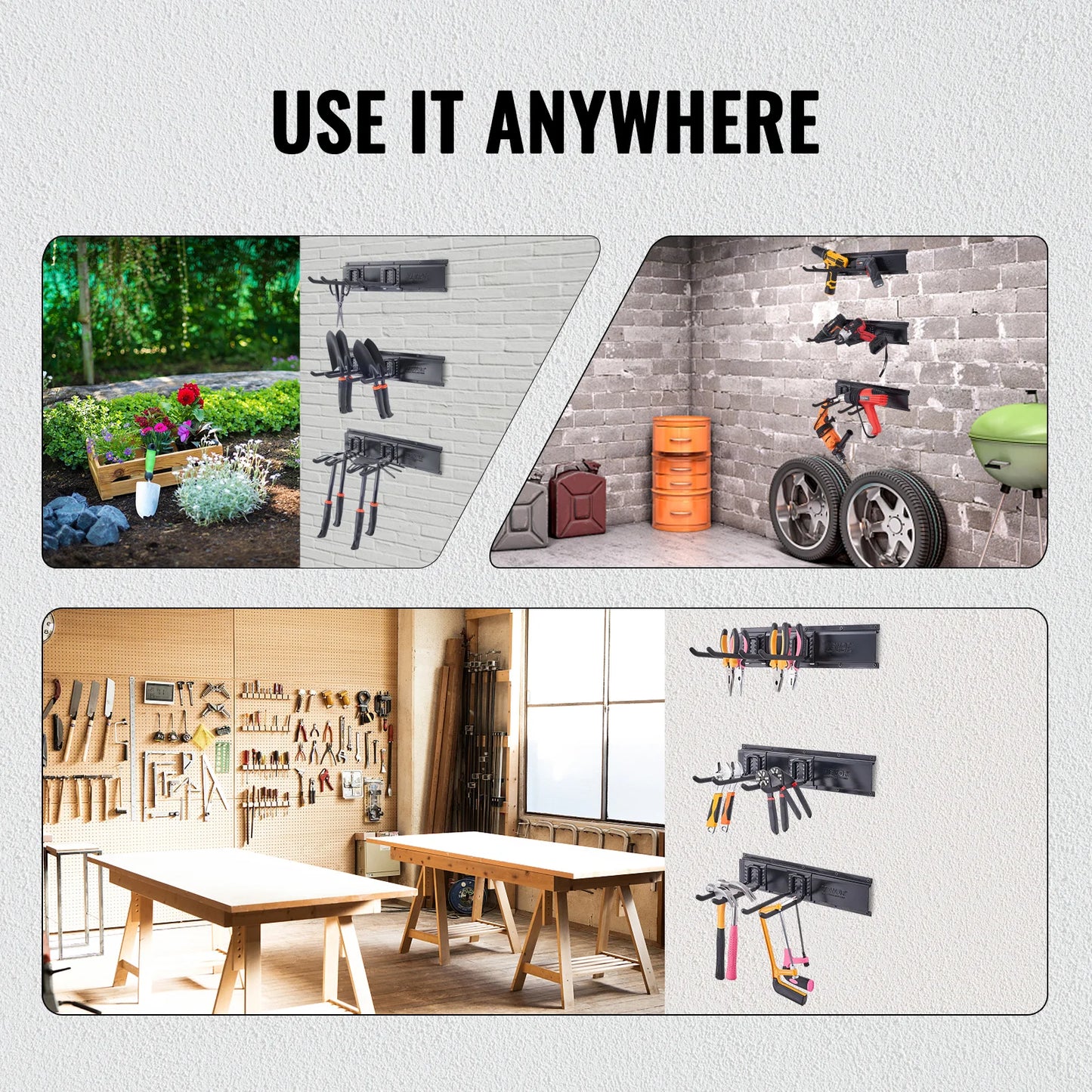VEVOR Garage Tool Organizer Wall Mount Yard Garden Heavy Duty Storage Rack with Adjustable Hooks Rails for Shovels Trimmers Hose