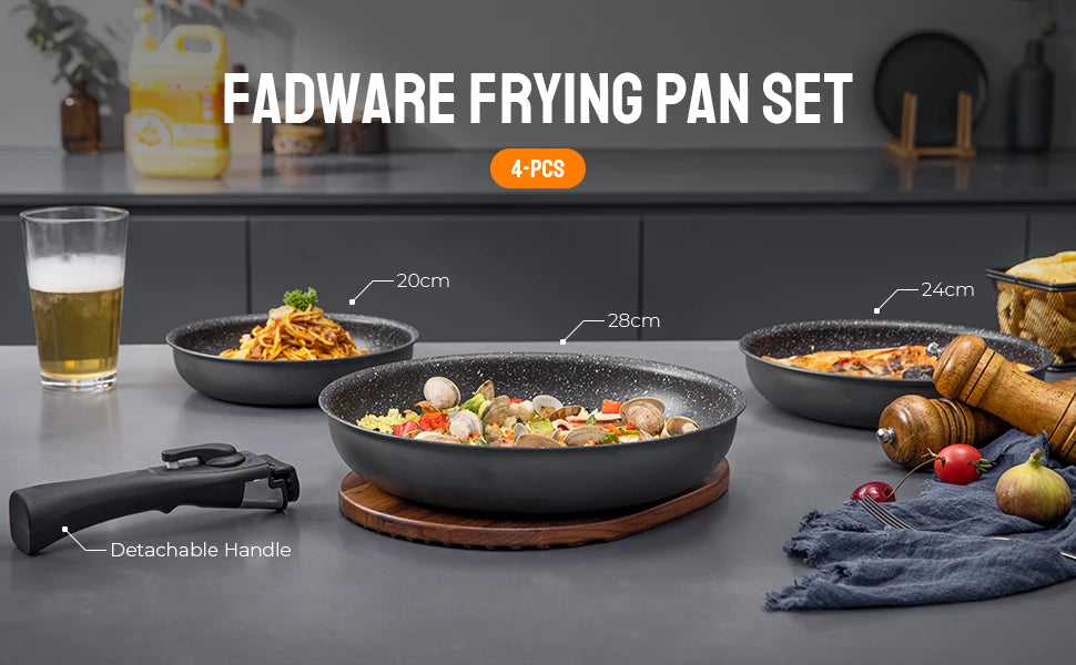 Non Stick Frying Pan with Removable Handle, Non Stick Frying Pan Set for Induction Hobs, 4 Pieces Frying Pan Set for All Hobs