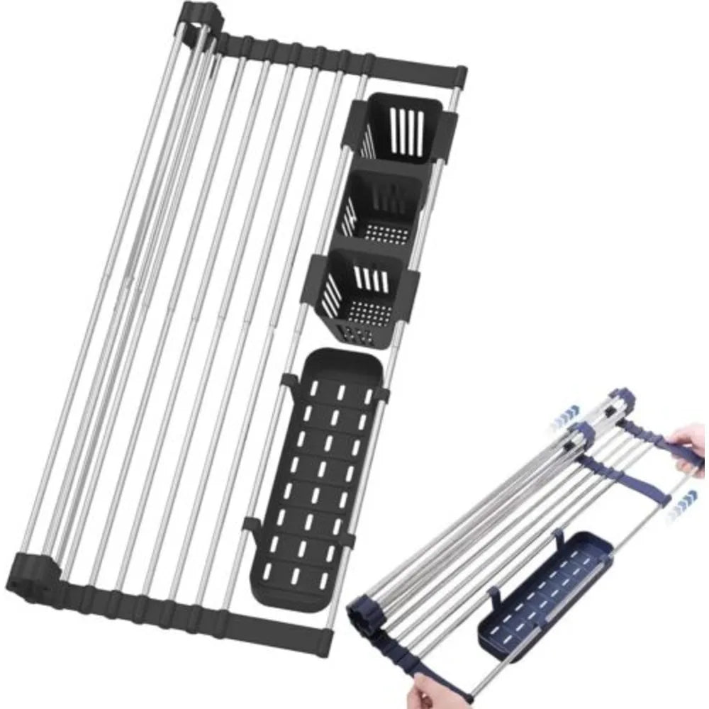 Large Drying Mat Foldable Stainless Steel Over The Sink Dish Roll Up Rack