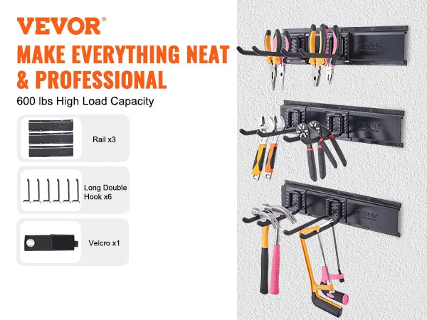 VEVOR Garage Tool Organizer Wall Mount Yard Garden Heavy Duty Storage Rack with Adjustable Hooks Rails for Shovels Trimmers Hose