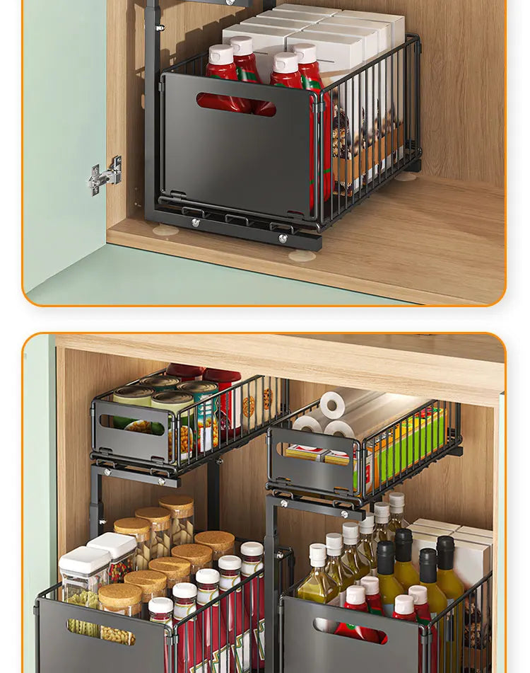 2-tier Under Sink Storage Organizer,Ajustable Sliding Cabinet Storage Basket,Kitchen Storage Rack with suction cups,Pull out Cab
