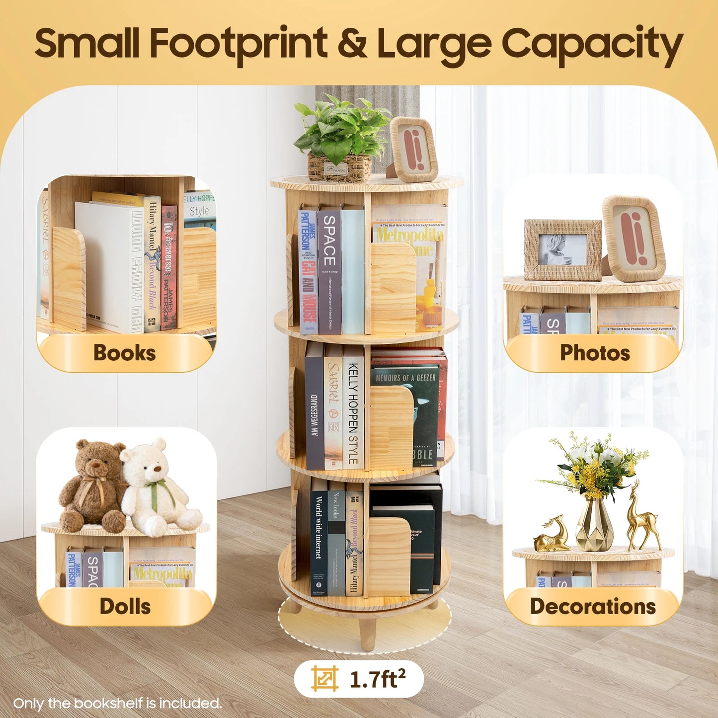 1/2/3/4/5/6 Tier Wooden Bookcase Rotatable Floor Stand Multifunctional Showcase Organizer