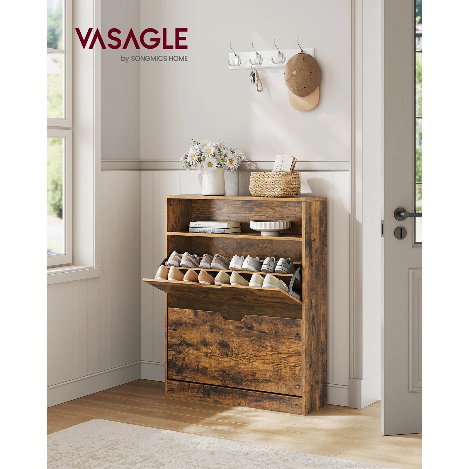 VASAGLE Shoe Cabinet 2 Flip Doors, 3 Tier Shoe Rack, with Open Compart ...