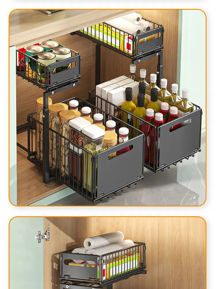 2-tier Under Sink Storage Organizer,Ajustable Sliding Cabinet Storage Basket,Kitchen Storage Rack with suction cups,Pull out Cab