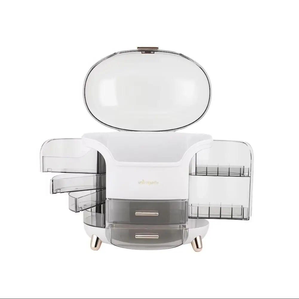Stylish Makeup Storage Box 28x20x34cm Large Capacity Organizer with Drawers Lipstick Holders Rotating Brush Compartments,White