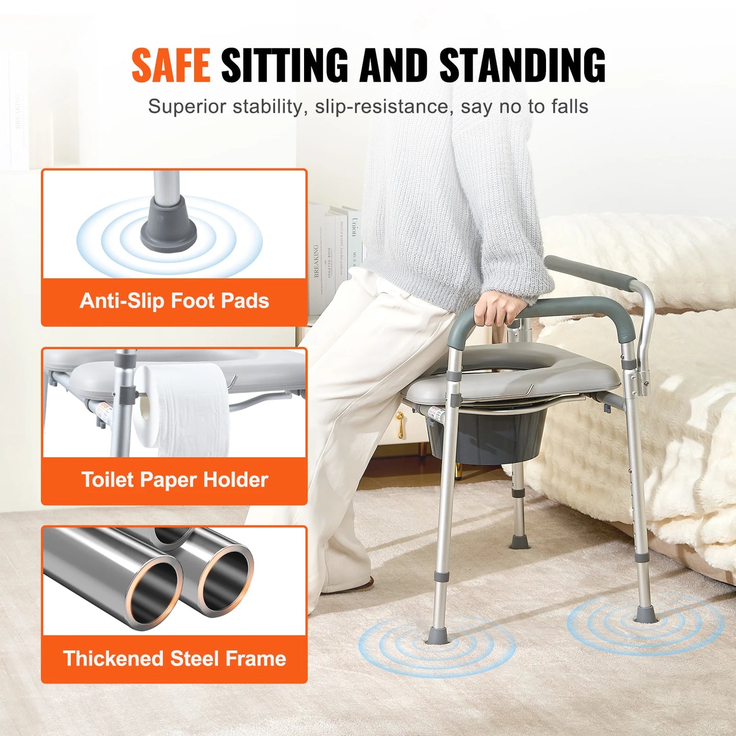 VEVOR Commode Chair Bedside Commode with Padded Seat and Arms, 7-Level Adjustable Height 5.8L Removable Bucket Easy to Assemble