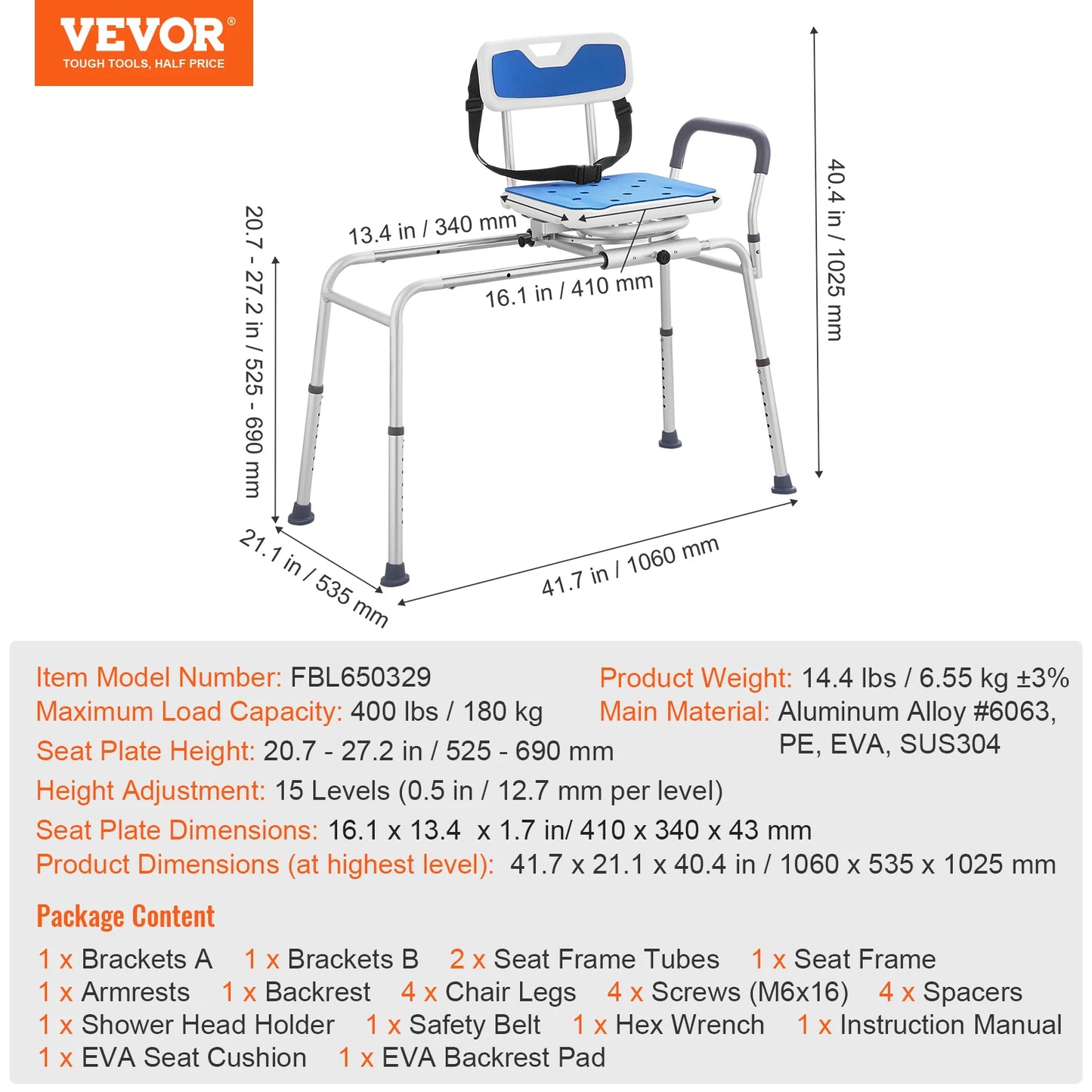 VEVOR Sliding Tub Transfer Bench with 360 Degree Swivel Seat Safety Belt Height Adjustable Bath Chair for Elderly Disabled 330LB