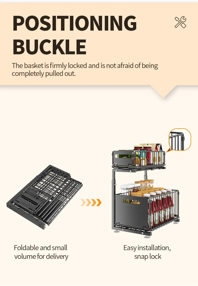 2-tier Under Sink Storage Organizer,Ajustable Sliding Cabinet Storage Basket,Kitchen Storage Rack with suction cups,Pull out Cab