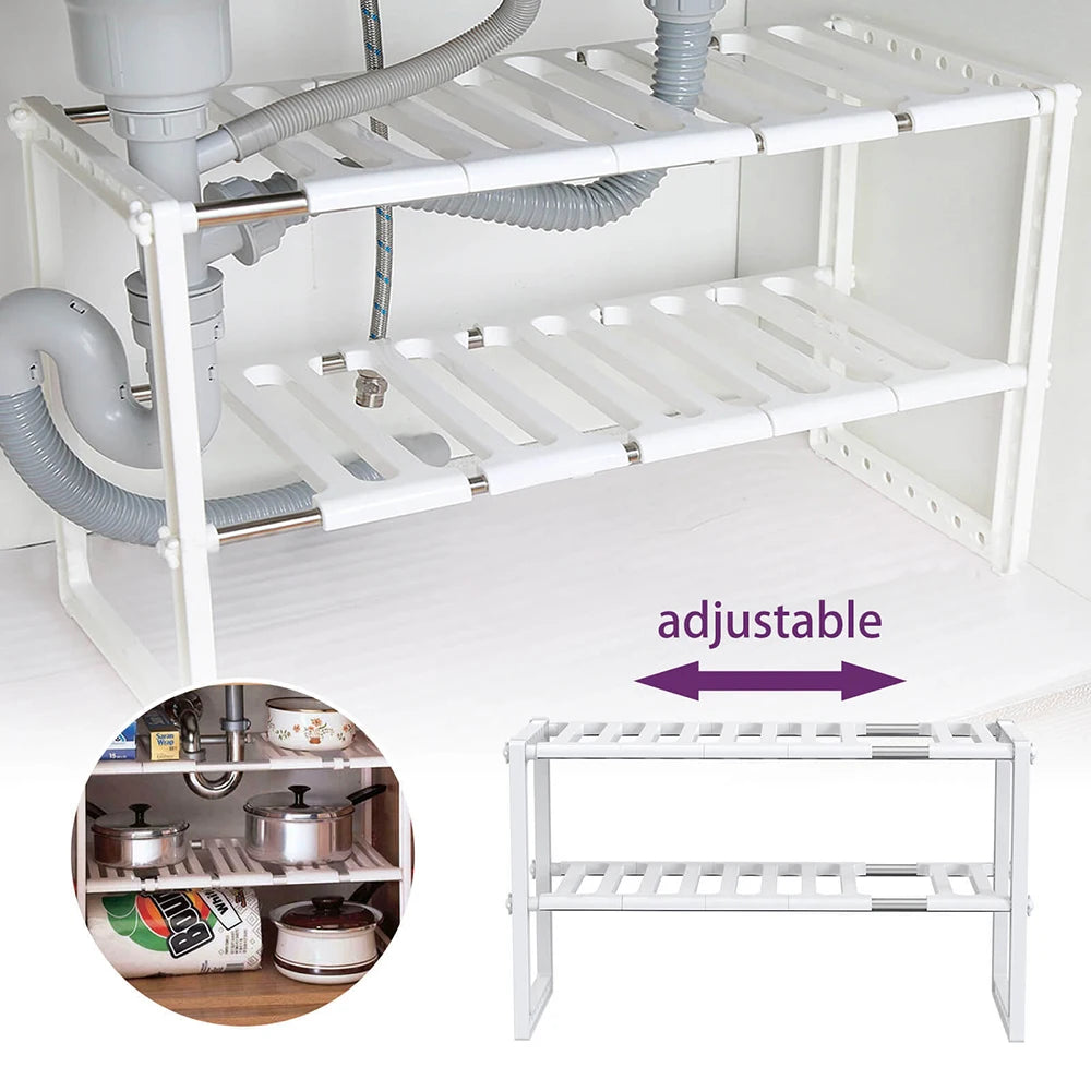 Under Sink Storage Caddy Multi Purpose Rack Adjustable Tidy 2 Tier Shelf Kitchen