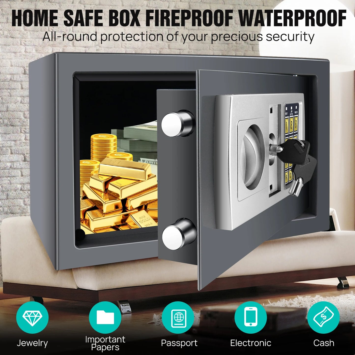 Fireproof 8.5L Electronic Password Security Safe Money Cash Deposit Box Office Home Safe Password Key Anti-theft Safe Box Home