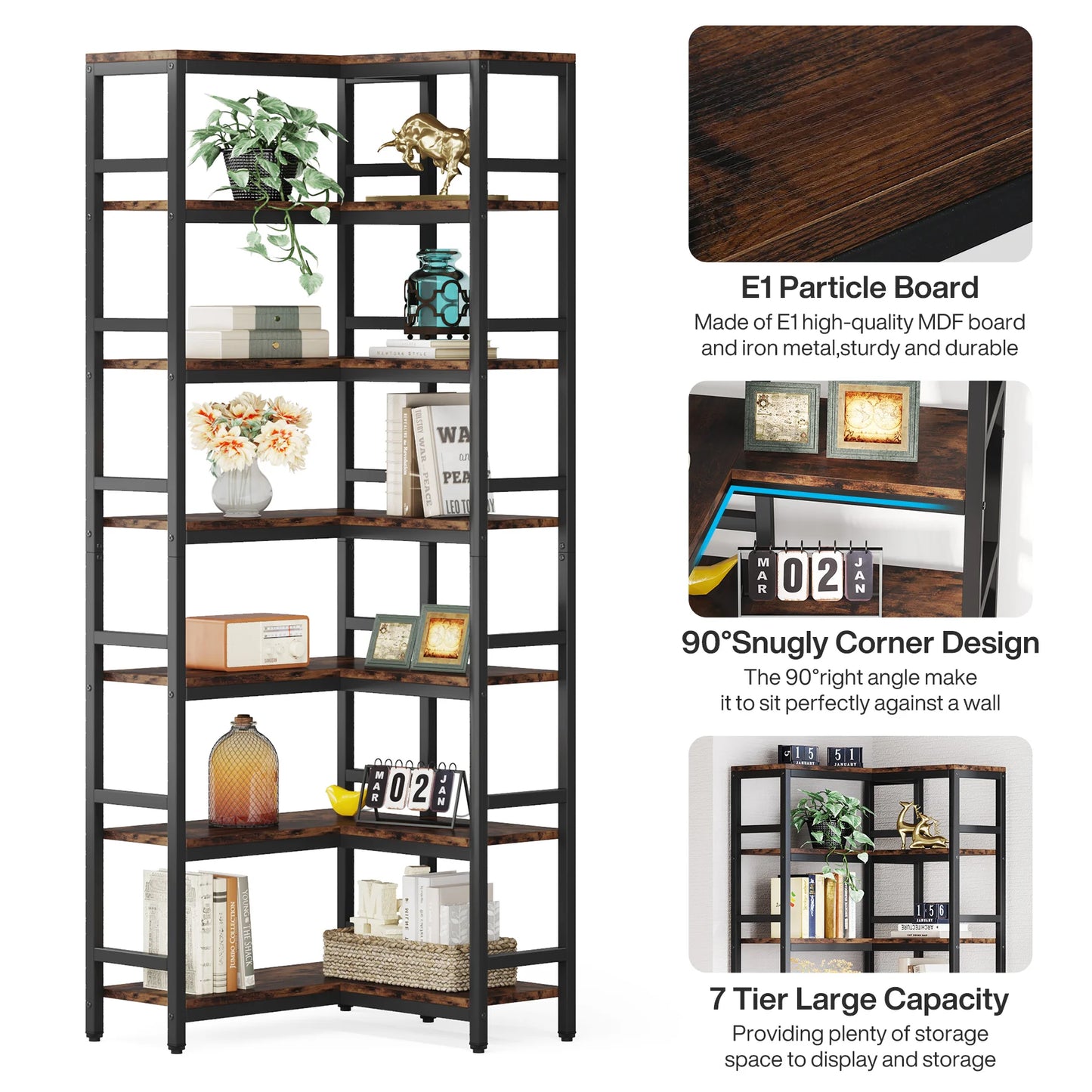 Tribesigns 7-Shelf Corner Bookshelf,Large Modern Corner Bookcase, 7-Tier Tall Corner Shelf Storage Display Rack with Metal Frame