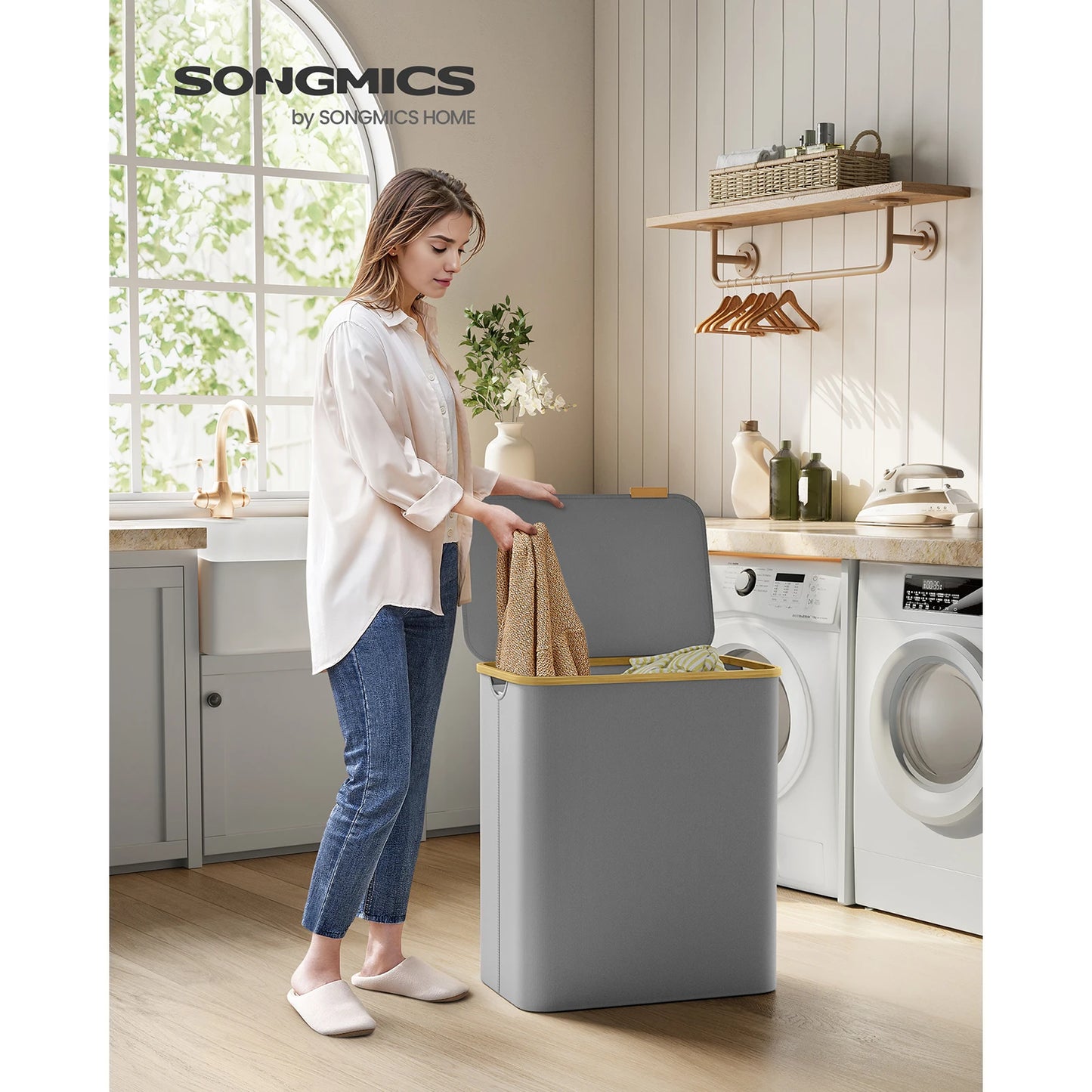 SONGMICS Laundry Basket with Lid,3-Section Large Laundry Hamper,Removable Mesh Liner,Oxford Fabric,Bamboo Handles,Collapsible