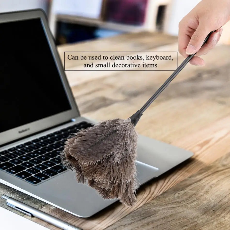 40cm Natural Ostrich Feather Duster with Handle - Ideal for Cleaning Books, Keyboards & Home Décor