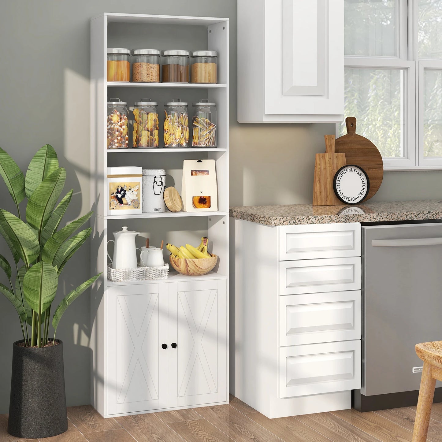 GOFLAME 6-Tier Freestanding Bookcase, Modern Bookshelf with Farmhouse Style Cabinet Doors