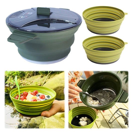 Portable Folding Pot Lunch Box Camping Pot Set with 2 Foldable Bowls Silicone Cooking Food Container Outdoor Camping Tableware