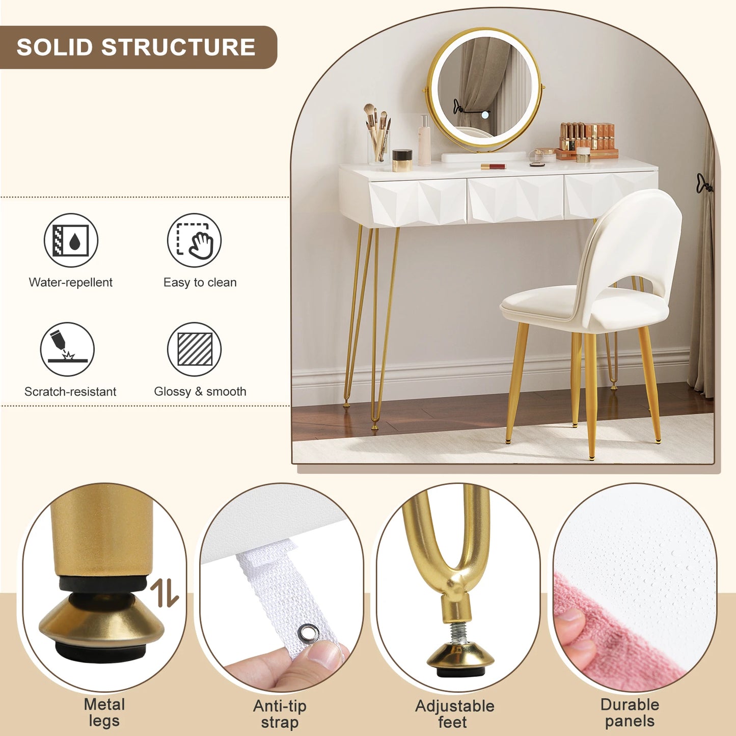 1SET Dresser Vanity Makeup Table Girls Women Dressing Table with 3-level Adjustable LED Mirror Velvet Chair for Bedroom Gift