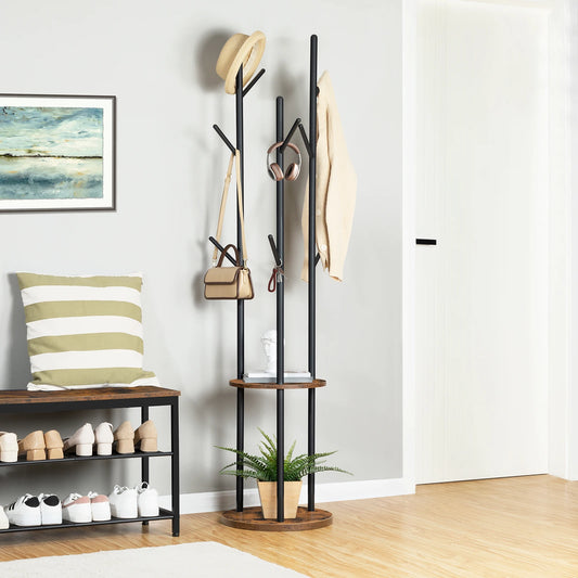 Coat Stand Coat Rack for Hallway Freestanding Coat Rack Stand with 8 Hooks Storage ShelvesHall Trees for Clothes Rustic Brown