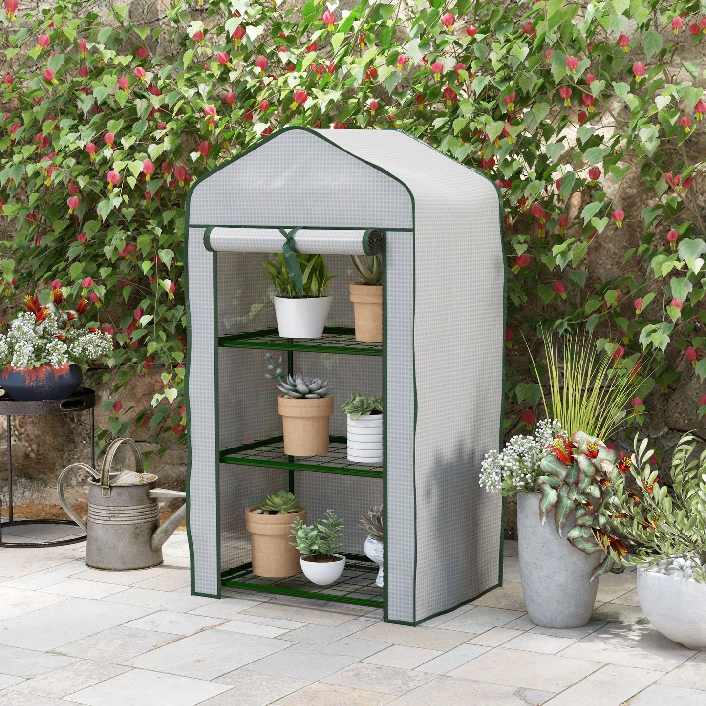3 Tier Mini Greenhouse with Reinforced PE Cover, Outdoor Greenhouse, White