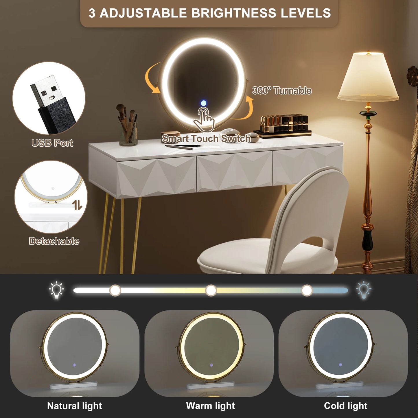 1SET Dresser Vanity Makeup Table Girls Women Dressing Table with 3-level Adjustable LED Mirror Velvet Chair for Bedroom Gift