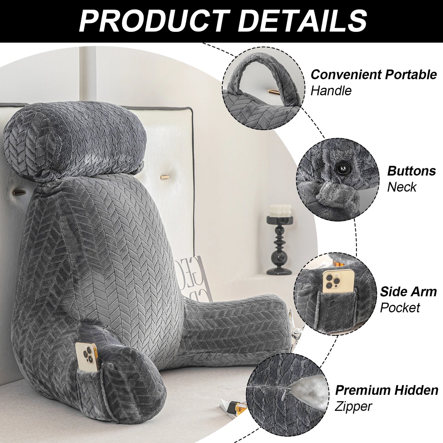 XXL Adult Reading Pillow Back Pillow for Sitting in Bed Backrest Lounge Cushion with Arms Pockets Back Support Bed Rest Pillow