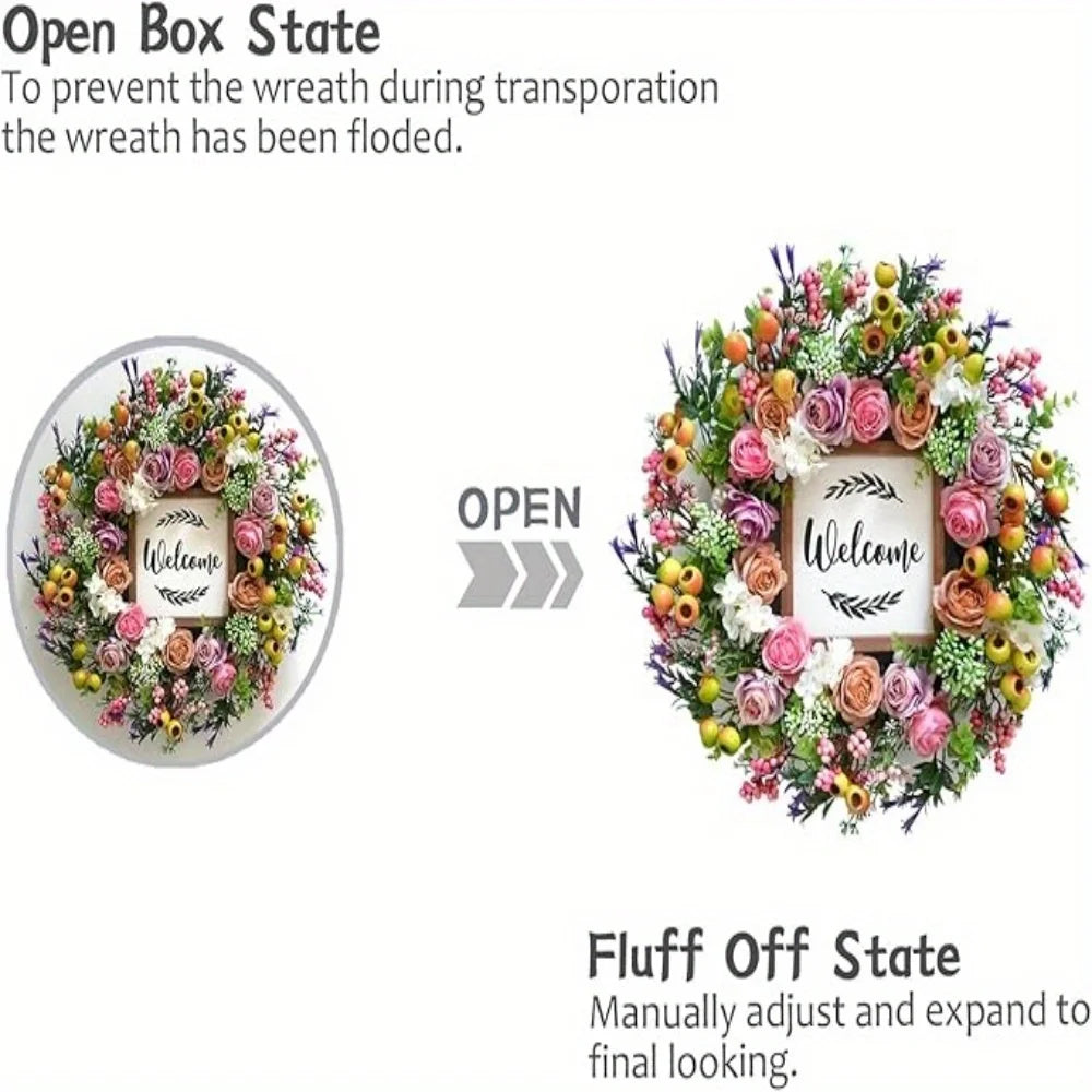 40cm Spring Summer Wreath Front Door Artificial Berries and Colorful Flower Wreath with Welcome Sign Wall Window Greenery Wreath
