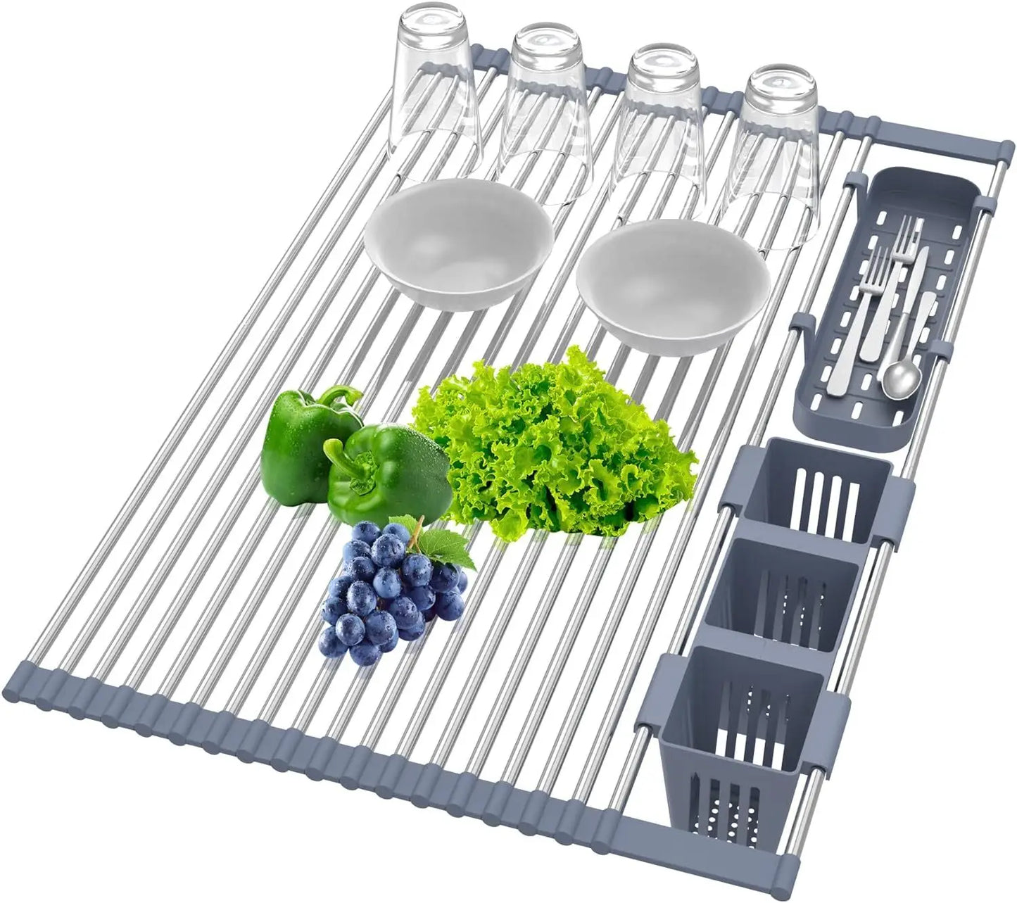 Large Drying Mat Foldable Stainless Steel Over The Sink Dish Roll Up Rack