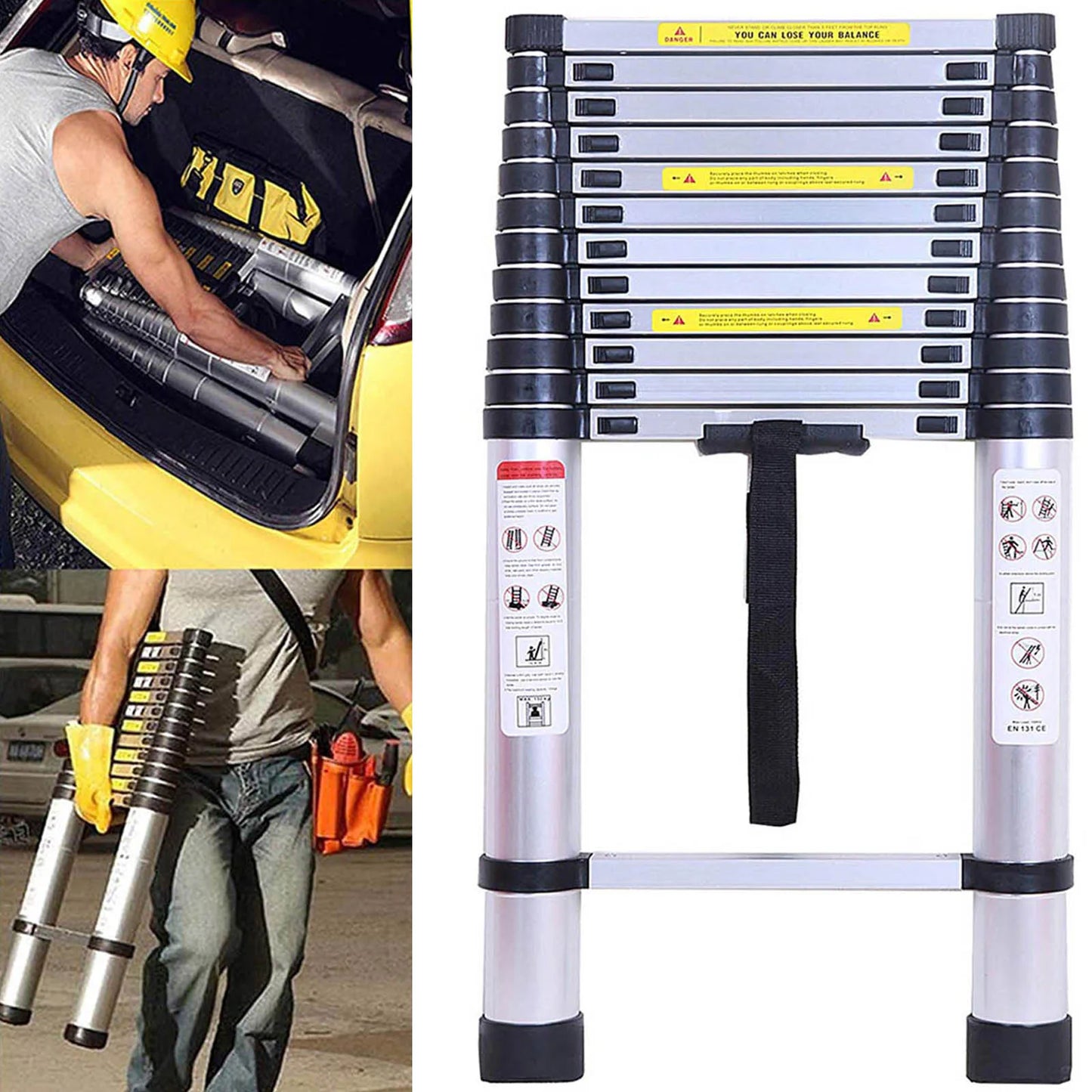 DayPlus 5m Telescopic Ladder 16.4ft Multi-Purpose Aluminum Lightweight Folding ladder Non-Slip Extendable Sturdy Home Loft Tool