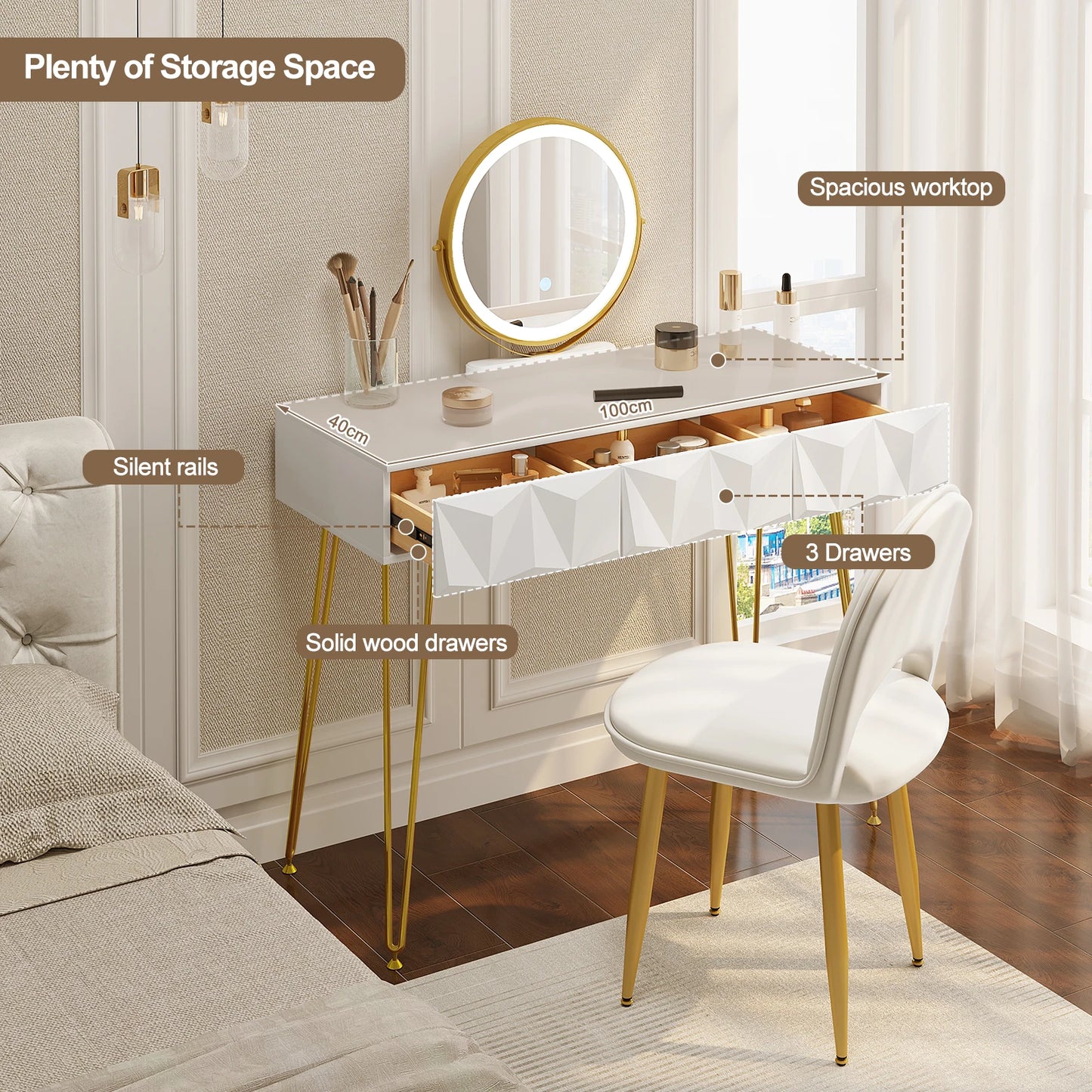 1SET Dresser Vanity Makeup Table Girls Women Dressing Table with 3-level Adjustable LED Mirror Velvet Chair for Bedroom Gift