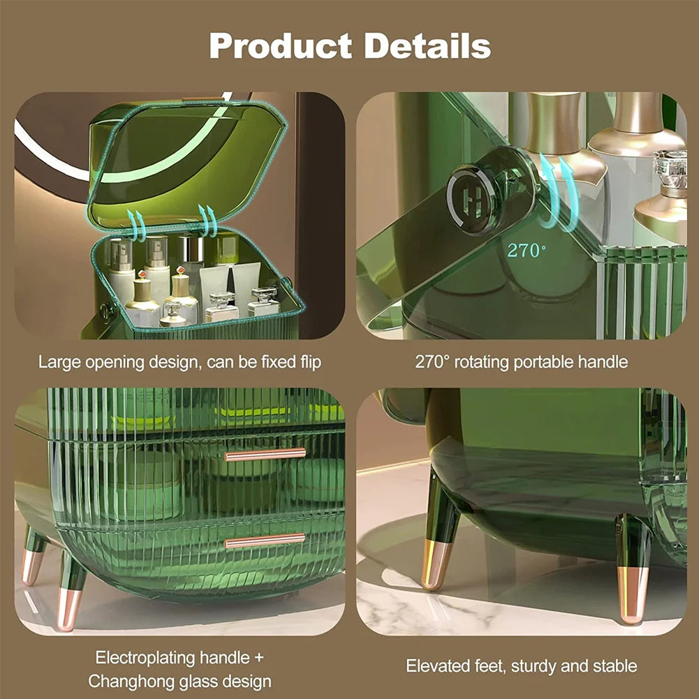 Transparent Green Makeup Organizer with Flip-Top 2 Drawers , Freestanding Large Capacity Cosmetic Storage 25x18.5x38cm