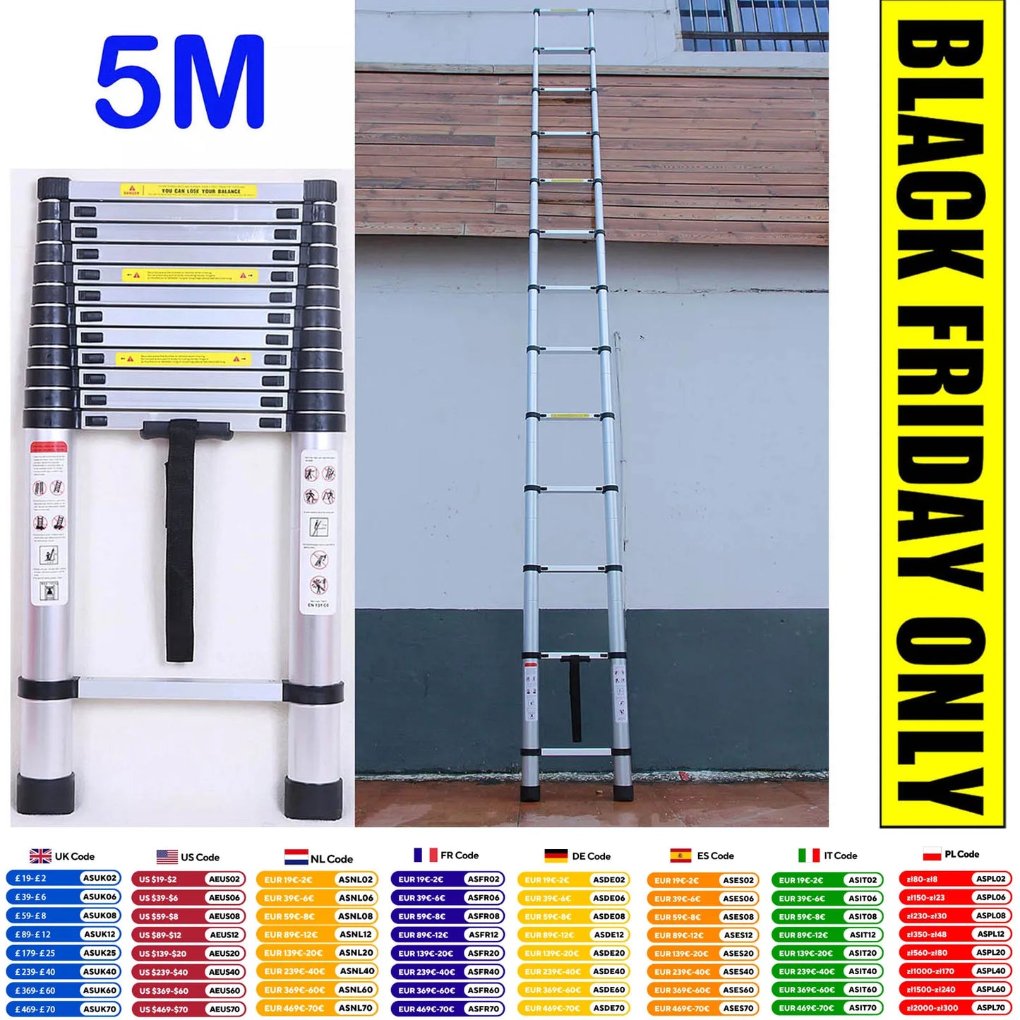 DayPlus 5m Telescopic Ladder 16.4ft Multi-Purpose Aluminum Lightweight Folding ladder Non-Slip Extendable Sturdy Home Loft Tool